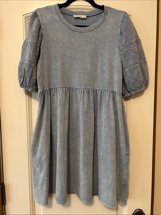New in Dresses & Skirts - Washed Light Blue Puff-Sleeve Babydoll Mini Dress